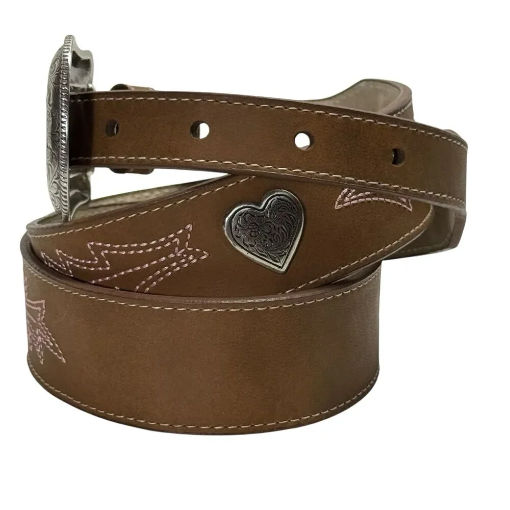 Wrangler Girls HEART CONCHO Taper Leather Western Belt Pink Embroidery Sz XXL